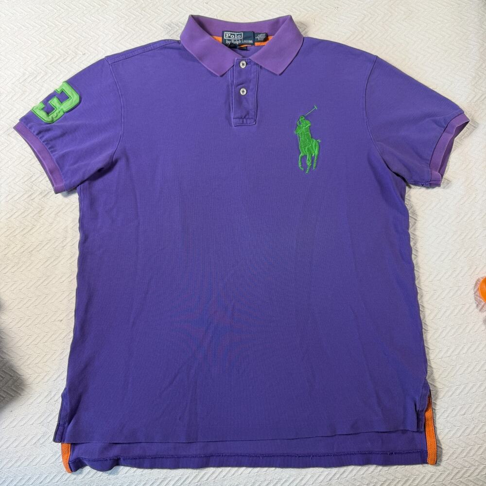 Polo Ralph Lauren Men Big Pony Polo Shirt L Purple Green 3 Patch Preppy Sporty